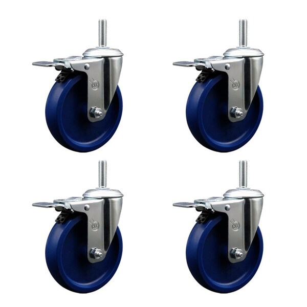 5 Inch Solid Polyurethane Swivel 34 Inch Threaded Stem Caster Set with Total Lock Brake